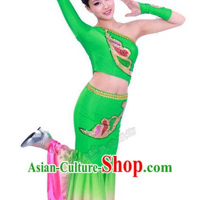 Traditional Chinese Dai nationality Peacock Dancing Costume, Folk Dance Ethnic Costume, Chinese Minority Nationality Dancing Costume for Women