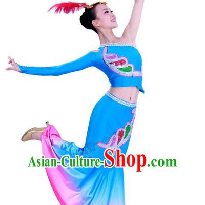 Traditional Chinese Dai nationality Peacock Dancing Costume, Folk Dance Ethnic Costume, Chinese Minority Nationality Dancing Costume for Women