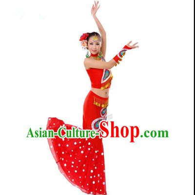 Traditional Chinese Dai nationality Peacock Dancing Costume, Folk Dance Ethnic Costume, Chinese Minority Nationality Dancing Costume for Women