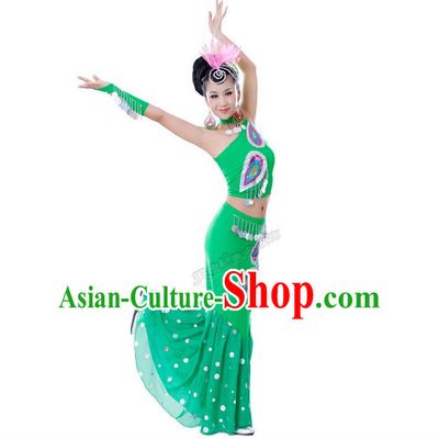 Traditional Chinese Dai nationality Peacock Dancing Costume, Folk Dance Ethnic Costume, Chinese Minority Nationality Dancing Costume for Women