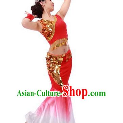 Traditional Chinese Dai nationality Peacock Dancing Costume, Folk Dance Ethnic Fish Tail Costume, Chinese Minority Nationality Dancing Costume for Women