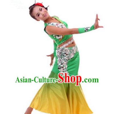 Traditional Chinese Dai nationality Peacock Dancing Costume, Folk Dance Ethnic Fish Tail Costume, Chinese Minority Nationality Dancing Costume for Women