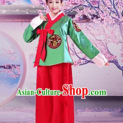Korean Traditional Dress Women Girl Dancing Stage Ceremonial Dress Green Top Red Skirt