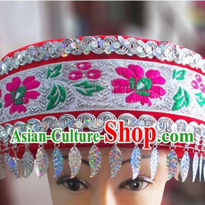 Chinese Traditional Miao Minority Hmong Folk Ethnic Hat, Tujia Minority Embroidery Hat for Women
