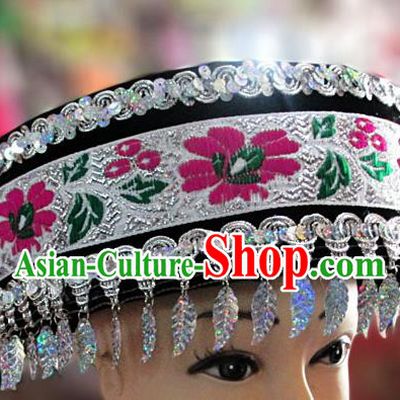 Chinese Traditional Miao Minority Hmong Folk Ethnic Hat, Tujia Minority Embroidery Hat for Women