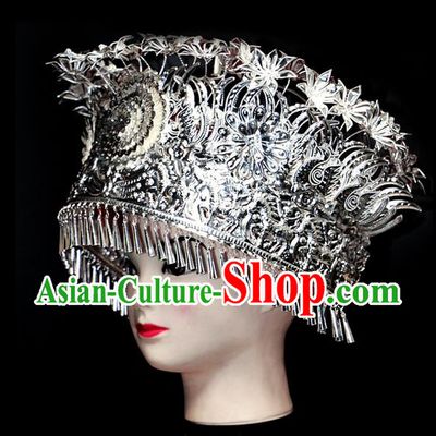 Chinese Traditional Miao Minority Hmong Folk Ethnic Hat, Miao Minority Sliver Crown Jewelry Accessories, Miao Headgear for Women