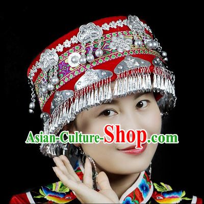 Chinese Traditional Miao Minority Hmong Folk Ethnic Hat, Tujia Minority Embroidery Bells Hat for Women