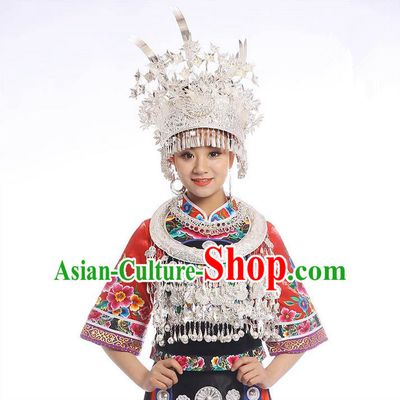 Chinese Traditional Miao Minority Hmong Folk Ethnic Necklace, Phoenix Silver Headwear Crown, Miao Jewelry Accessories Set for Women