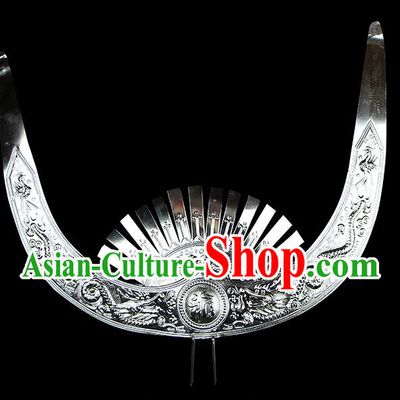 Chinese Traditional Miao Minority Hmong Folk Ethnic Ox Horn Crown, Silver Headwear, Miao Jewelry Accessories for Women