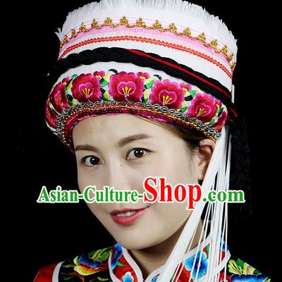 Chinese Traditional Bai Minority Hmong Folk Ethnic Hat, Bai Ethnic Embroidery Hat for Women