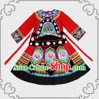 Traditional Chinese Miao Nationality Dancing Costume, Children Folk Dance Ethnic Costume, Chinese Tujia Minority Nationality Dancing Costume for Kids