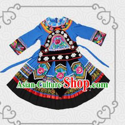 Traditional Chinese Miao Nationality Dancing Costume, Children Folk Dance Ethnic Costume, Chinese Tujia Minority Nationality Dancing Costume for Kids