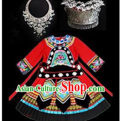 Traditional Chinese Miao Nationality Dancing Costume Accessories Set, Children Folk Dance Ethnic Cloth and Headwear, Chinese Tujia Minority Nationality Costume and Hat for Kids