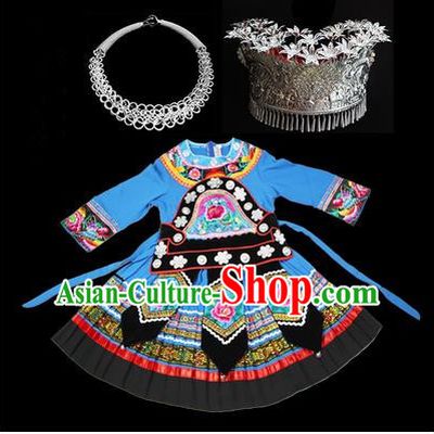 Traditional Chinese Miao Nationality Dancing Costume Accessories Set, Children Folk Dance Ethnic Cloth and Headwear, Chinese Tujia Minority Nationality Costume and Hat for Kids
