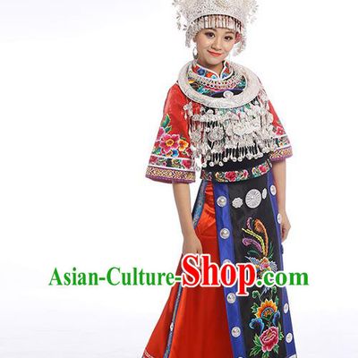 Traditional Chinese Miao Nationality Dancing Costume Accessories Necklace, Female Folk Dance Ethnic Cloth and Headwear, Chinese Minority Nationality Embroidery Costume and Hat for Women