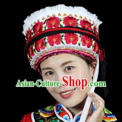Chinese Traditional Bai Minority Hmong Folk Ethnic Hat, Bai Ethnic Embroidery Flowers Hat for Women