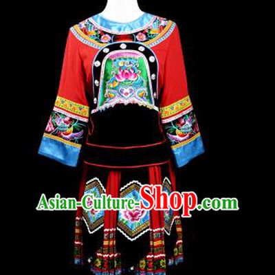 Traditional Chinese Miao Nationality Dancing Costume, Female Folk Dance Ethnic Pleated Skirt, Chinese Minority Nationality Embroidery Costume for Women