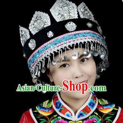 Chinese Traditional Miao Minority Hmong Folk Ethnic Hat, Tujia Ethnic Embroidery Bells Hat for Women