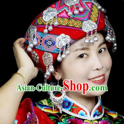 Chinese Traditional Miao Minority Hmong Folk Ethnic Hat, Tujia Ethnic Embroidery Bells Hat for Women