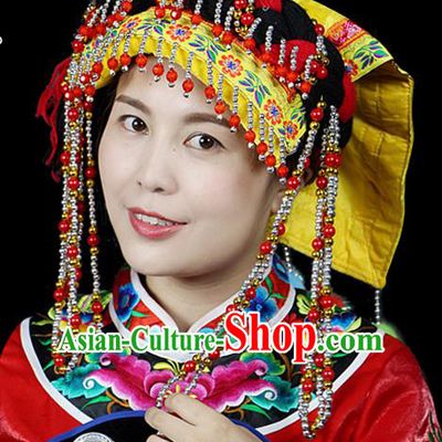 Chinese Traditional Miao Minority Hmong Folk Ethnic Hat, Tujia Ethnic Embroidery Bells Hat for Women