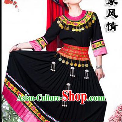 Traditional Chinese Tujia Nationality Dancing Costume Set, Hmong Female Folk Dance Ethnic Pleated Skirt and Hat, Chinese Tujia Minority Nationality Embroidery Costume for Women