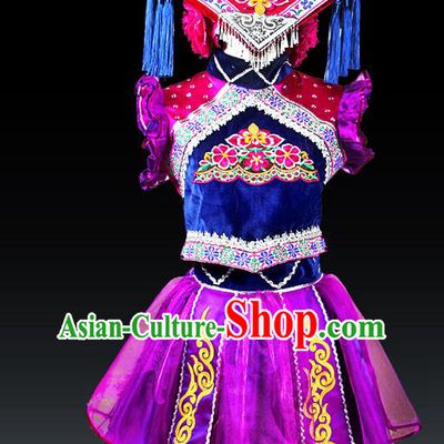 Traditional Chinese Tujia Nationality Dancing Costume Set, Hmong Female Folk Dance Ethnic Pleated Skirt and Hat, Chinese Zhuang Minority Nationality Embroidery Costume for Women