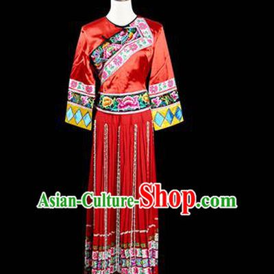 Traditional Chinese Miao Nationality Dancing Costume, Hmong Female Folk Dance Ethnic Pleated Skirt, Chinese Minority Tujia Nationality Embroidery Costume for Women