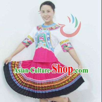 Traditional Chinese Miao Nationality Dancing Costume, Hmong Female Folk Dance Ethnic Pleated Skirt, Chinese Minority Nationality Embroidery Costume for Women