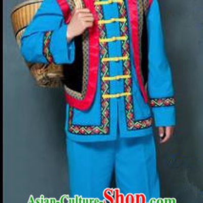 Traditional Chinese Miao Nationality Folk Dance Ethnic Wear, China Tujia Nationality Clothing Costume, Ethnic Dresses Cultural Dances Costumes Complete Set for Men
