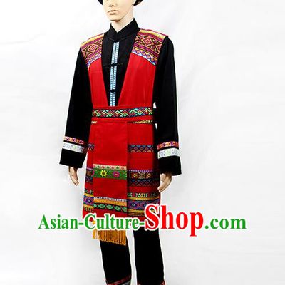 Traditional Chinese Miao Nationality Folk Dance Ethnic Wear, China Tujia Nationality Clothing and Hat, Ethnic Dresses Cultural Dances Costumes Complete Set for Men