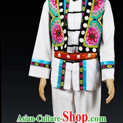 Traditional Chinese Miao Nationality Folk Dance Ethnic Wear, China Tujia Nationality Clothing and Hat, Ethnic Dresses Cultural Dances Costumes Complete Set for Men