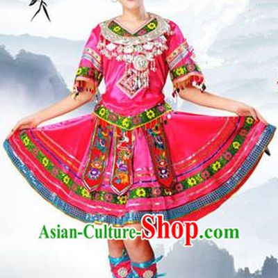 Traditional Chinese Molao Nationality Dancing Costume and Headwear, Guangxi Molao Female Folk Dance Ethnic Pleated Skirt and Hat, Chinese Minority Nationality Embroidery Costume for Women