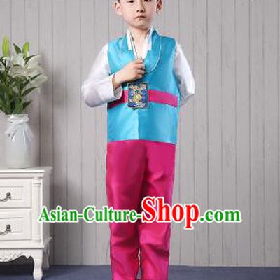 Korean Traditional Dress for Children Boy Clothes Kid Costumes Stage Show Dancing Blue Top Red Pants