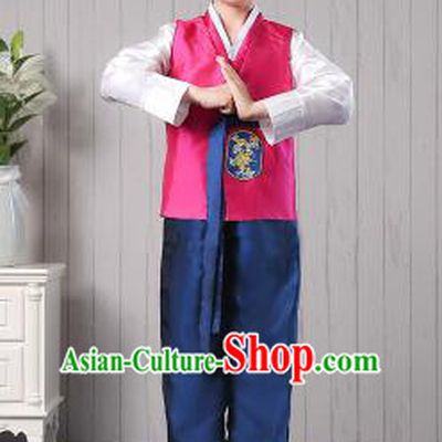 Korean Traditional Dress for Children Boy Clothes Kid Costumes Stage Show Dancing Red Top BluePants