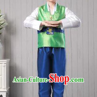 Korean Traditional Dress for Children Boy Clothes Kid Costumes Stage Show Dancing Green Top Blue Pants