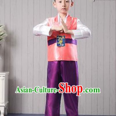 Korean Traditional Dress for Children Boy Clothes Kid Costumes Stage Show Dancing Orange Top Purple Pants