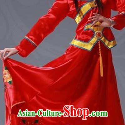 Traditional Chinese Xibe Nationality Dancing Costume, Xibezu Female Folk Dance Ethnic Pleated Skirt, Chinese Sibo Minority Nationality Embroidery Costume for Women