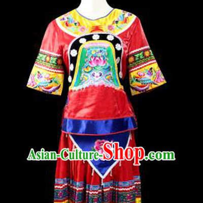 Traditional Chinese Miao Nationality Dancing Costume, Hmong Female Folk Dance Ethnic Pleated Skirt, Chinese Minority Nationality Embroidery Costume for Women
