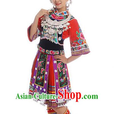 Traditional Chinese Miao Nationality Dancing Costume, Hmong Female Folk Dance Ethnic Pleated Skirt, Chinese Minority Nationality Embroidery Costume for Women