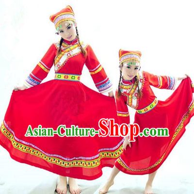 Traditional Chinese Qiang Nationality Dancing Costume, Qiangzu Female Folk Dance Ethnic Pleated Skirt, Chinese Qiang Minority Nationality Embroidery Costume for Women