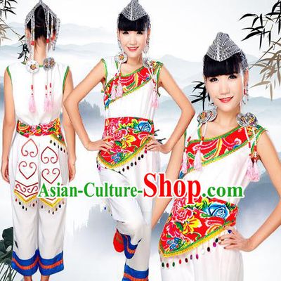 Traditional Chinese Yi Nationality Dancing Costume, Yizu Female Folk Dance Ethnic Dress, Chinese Yi Minority Nationality Embroidery Costume for Women