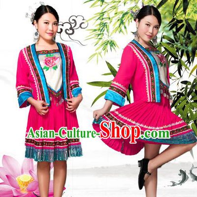 Traditional Chinese Tujia Nationality Dancing Costume, Tujiazu Female Folk Dance Ethnic Pleated Skirt, Chinese Minority Tujia Nationality Embroidery Costume for Women
