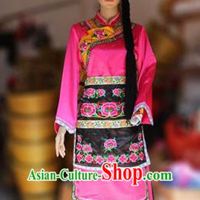 Traditional Chinese Qiang Nationality Dancing Costume, Qiangzu Female Folk Dance Ethnic Sealand Karp Pleated Skirt, Chinese Minority Qiang Nationality Embroidery Costume for Women