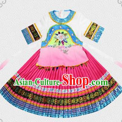 Traditional Chinese Miao Nationality Dancing Costume, Hmong Children Folk Dance Ethnic Pleated Skirt, Chinese Minority Tujia Nationality Embroidery Costume for Kids