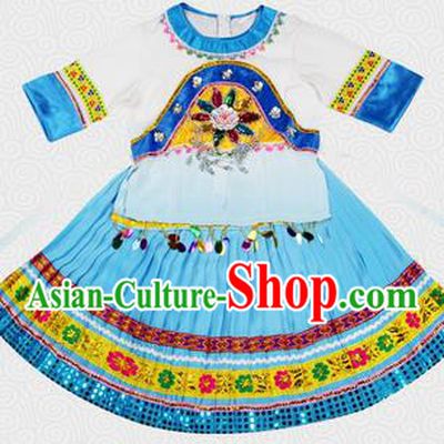Traditional Chinese Miao Nationality Dancing Costume, Hmong Children Folk Dance Ethnic Pleated Skirt, Chinese Minority Tujia Nationality Embroidery Costume for Kids