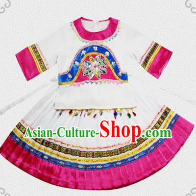 Traditional Chinese Miao Nationality Dancing Costume, Hmong Children Folk Dance Ethnic Pleated Skirt, Chinese Minority Tujia Nationality Embroidery Costume for Kids