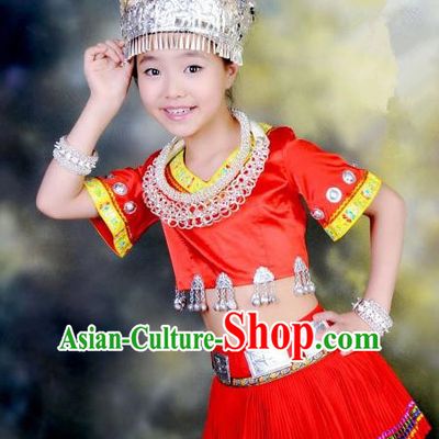 Traditional Chinese Miao Nationality Dancing Costume, Hmong Children Folk Dance Ethnic Pleated Skirt, Chinese Minority Tujia Nationality Embroidery Costume for Kids