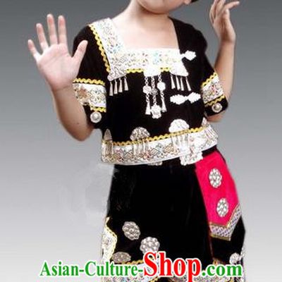 Traditional Chinese Miao Nationality Dancing Costume, Hmong Children Folk Dance Ethnic Dress, Chinese Minority Tujia Nationality Embroidery Costume for Kids