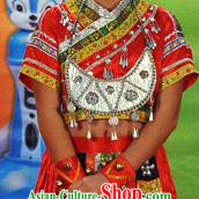 Traditional Chinese Miao Nationality Dancing Costume, Hmong Children Folk Dance Ethnic Dress, Chinese Minority Tujia Nationality Embroidery Costume for Girls Kids
