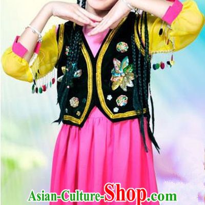 Traditional Chinese Uyghur Nationality Dancing Costume, Uigurian Children Folk Dance Ethnic Pleated Skirt, Chinese Minority Uyghur Nationality Embroidery Costume for Kids